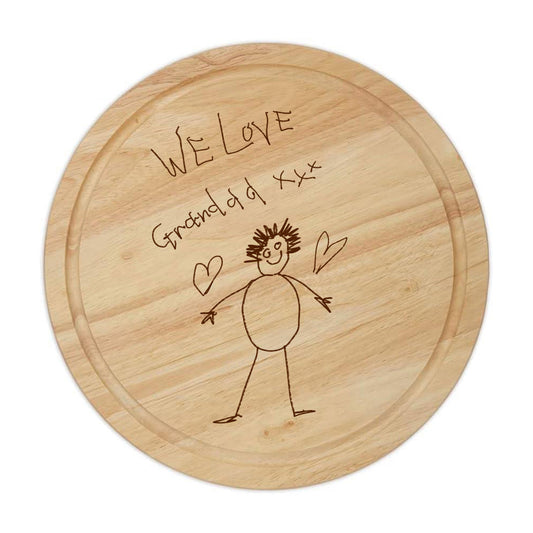 Wooden cutting board with engraved text and a stick figure drawing on a white background | Little Heirloom