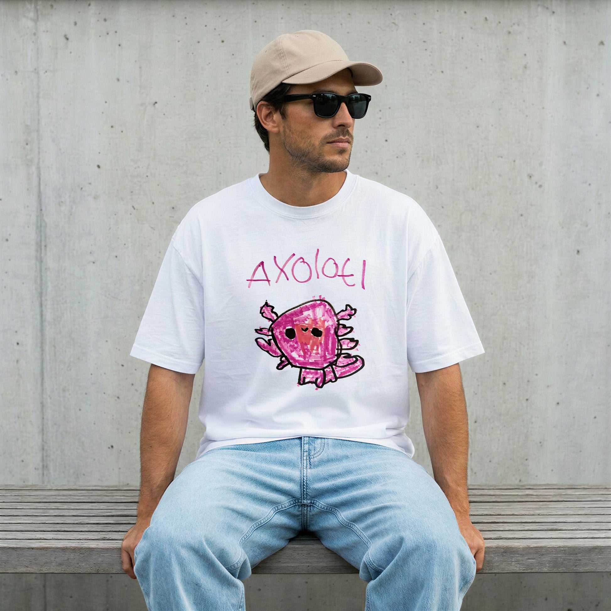Dad wearing a white t-shirt with a child'a drawing of an axolotl | Gift for Dads | Little Heirloom