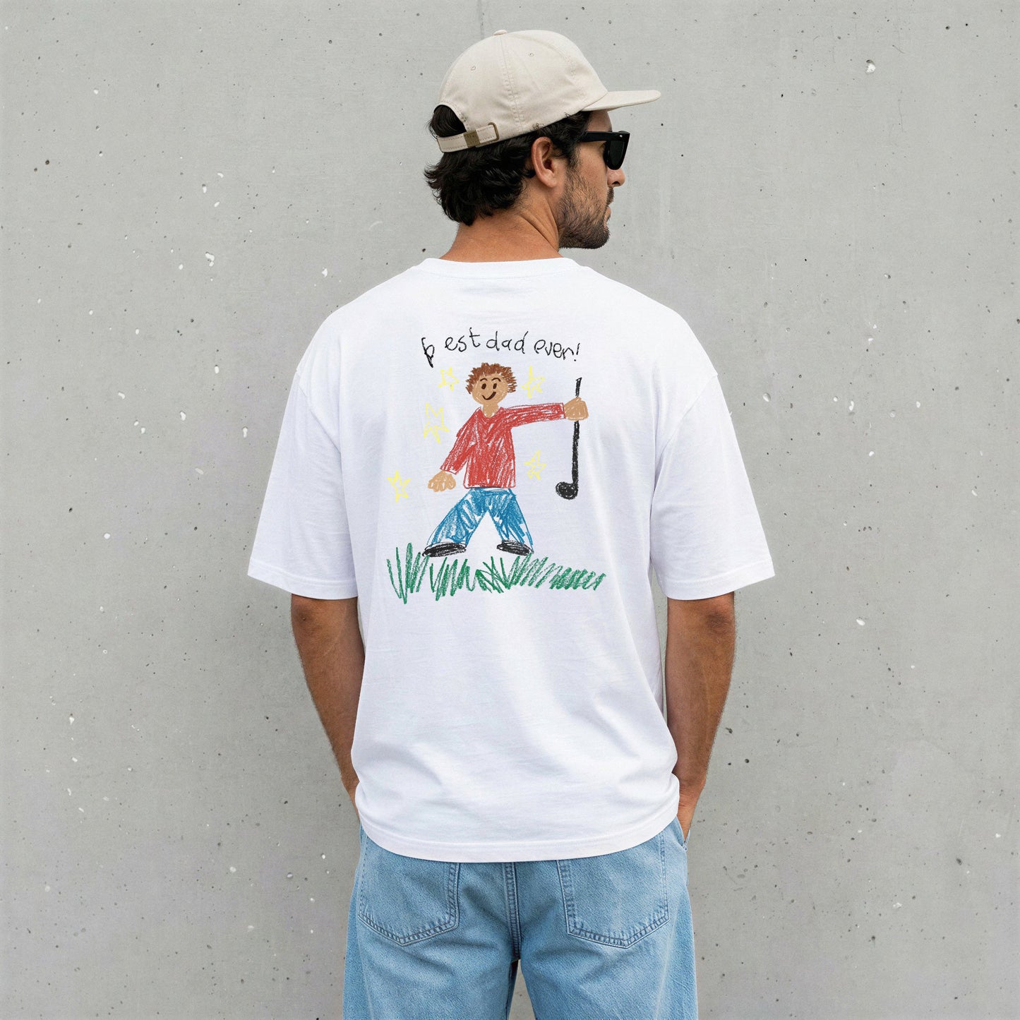 Dad wearing a white t-shirt with a child'a drawing | Gift for Dads | Little Heirloom