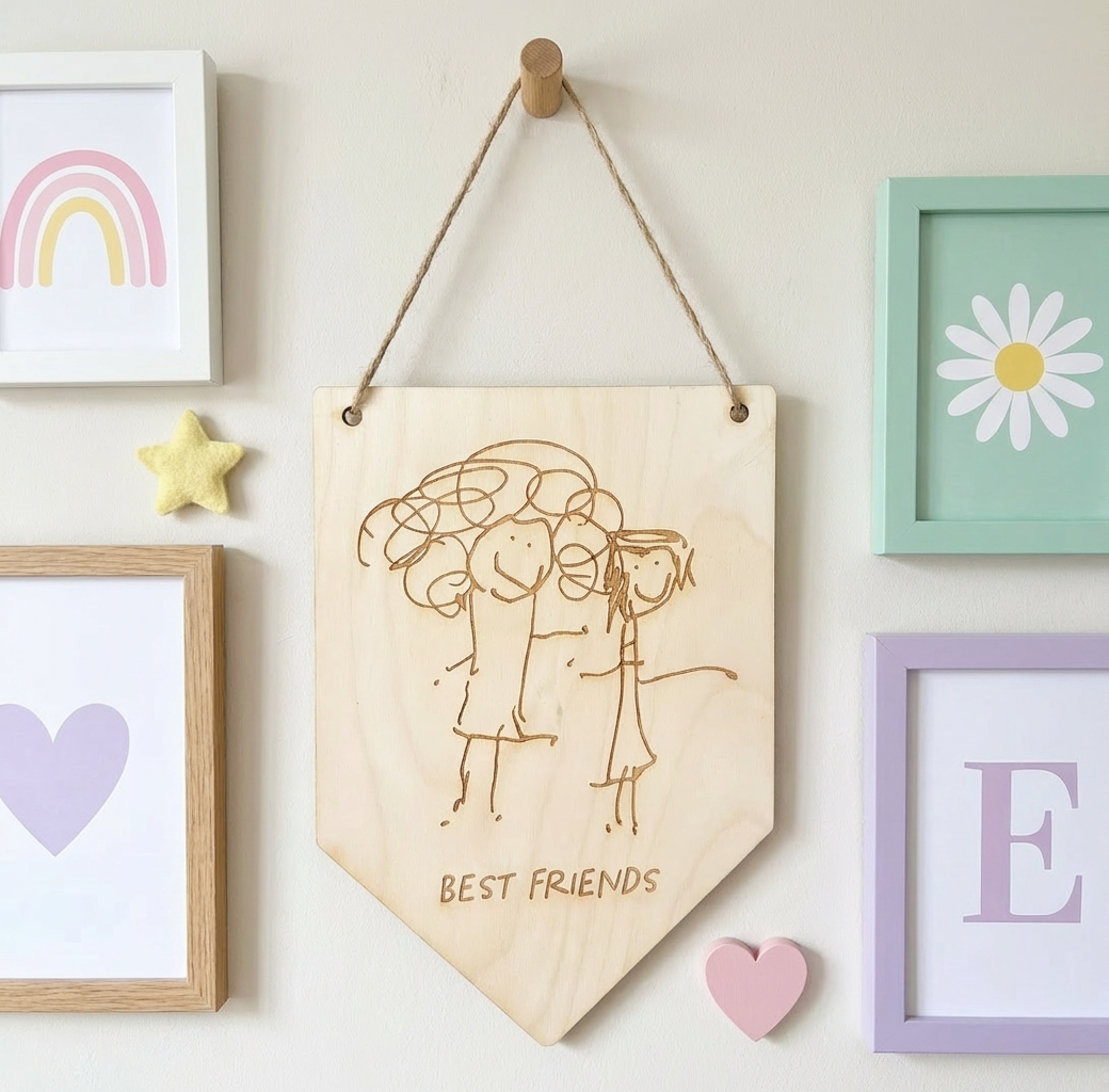 Childs Bedroom Art Wall featuring a Wooden Pennant Flag hanging on a jute string with laser engraved child's drawing | Little Heirloom