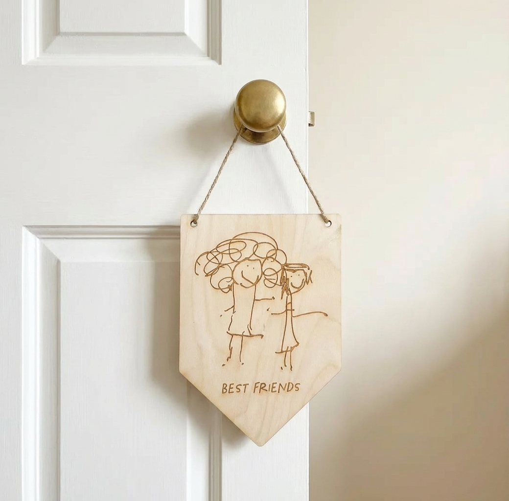 Wooden Pennant Flag hanging on a jute string with laser engraved child's drawing | Little Heirloom