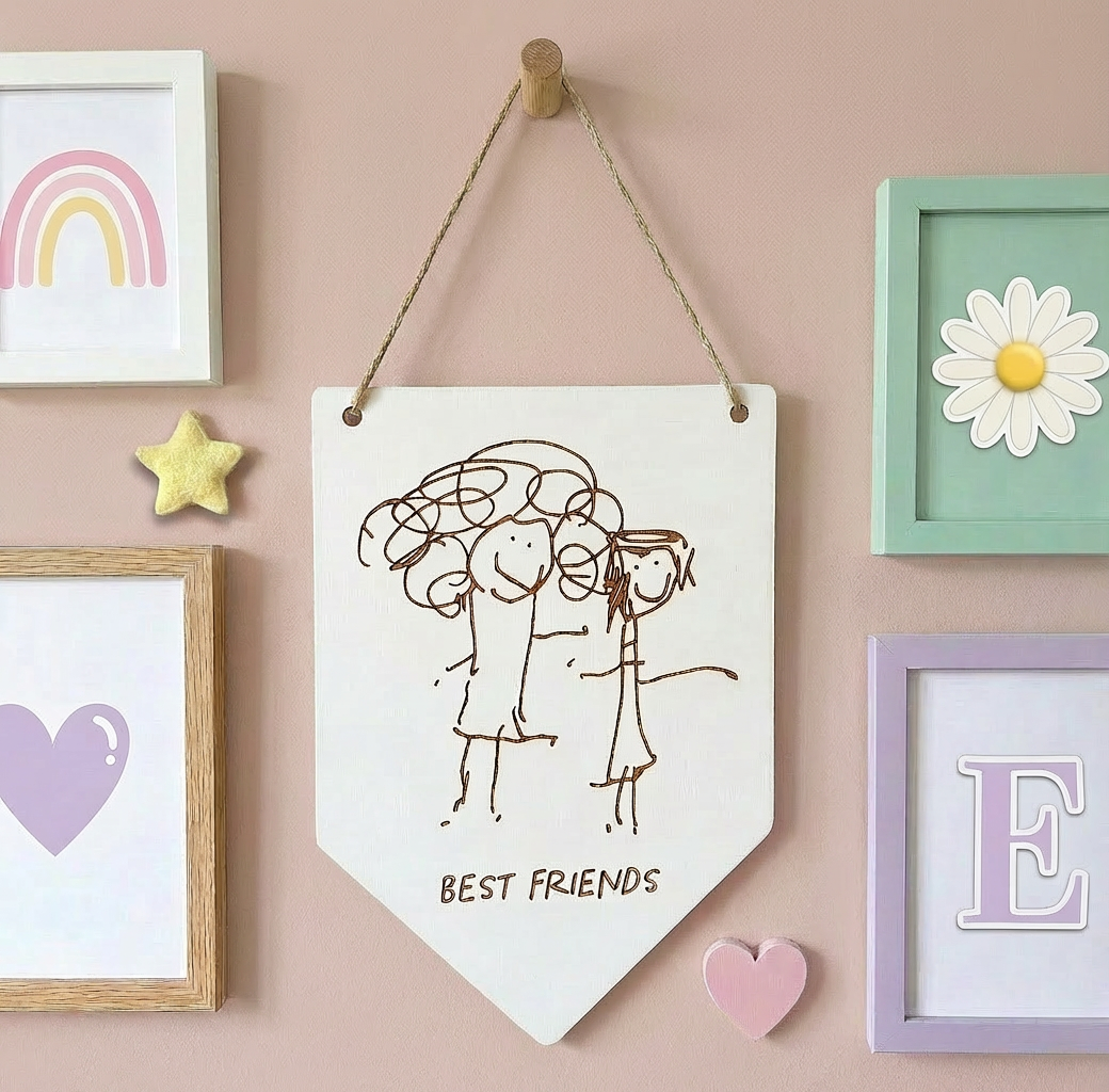 White wooden Pennant Flag hanging on a jute string with laser engraved child's drawing | Little Heirloom
