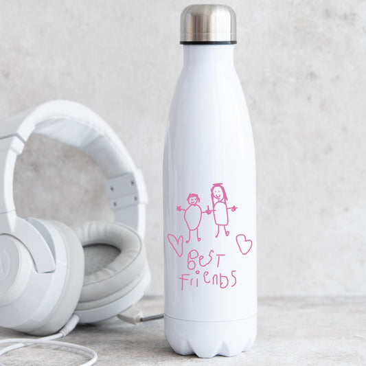 White water bottle with 'Best Friends' design and white headphones on a light gray background | Little Heirloom