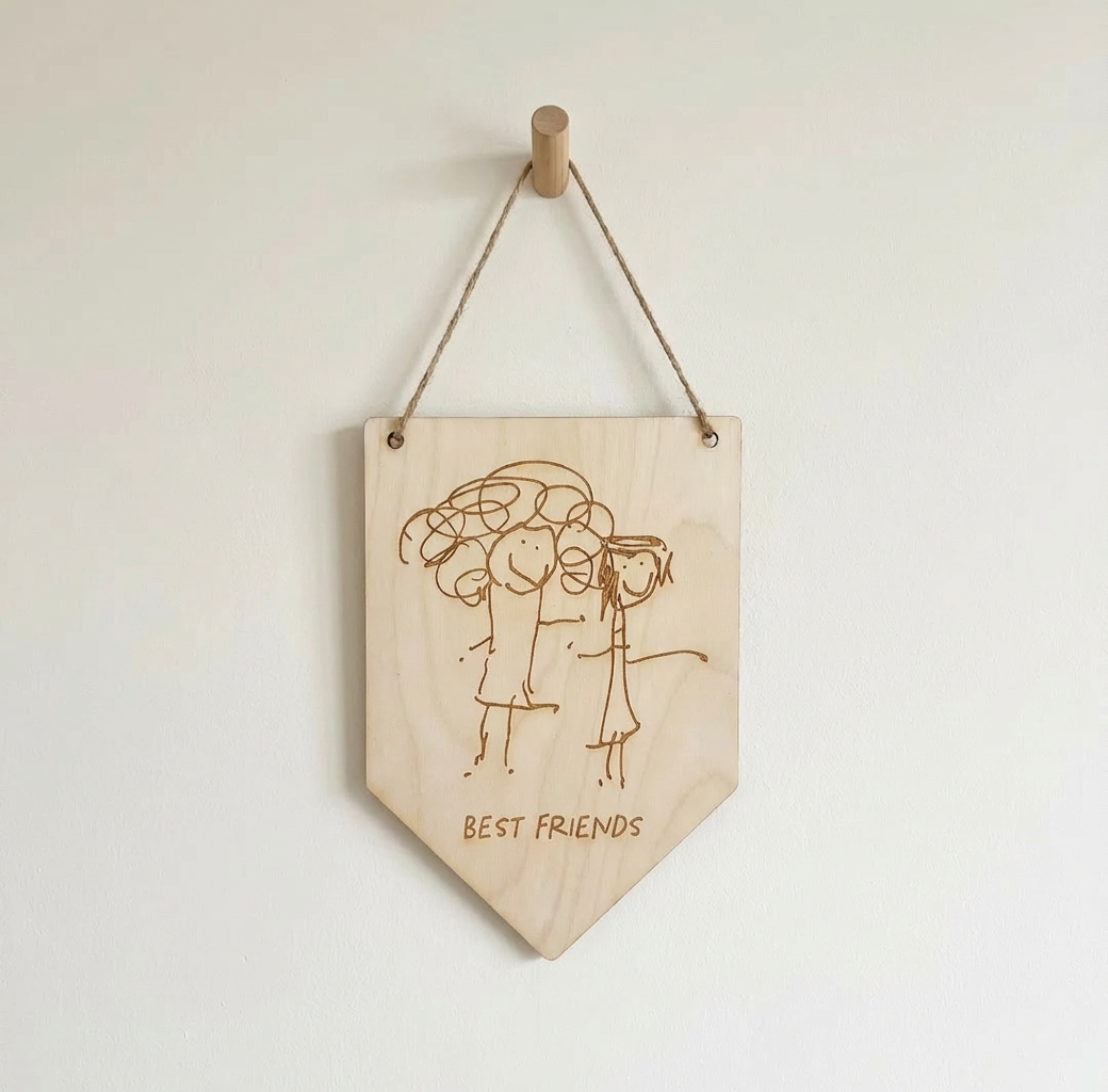 Wooden Pennant Flag hanging on a jute string with laser engraved child's drawing | Little Heirloom