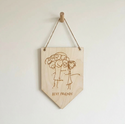 Wooden Pennant Flag hanging on a jute string with laser engraved child's drawing | Little Heirloom