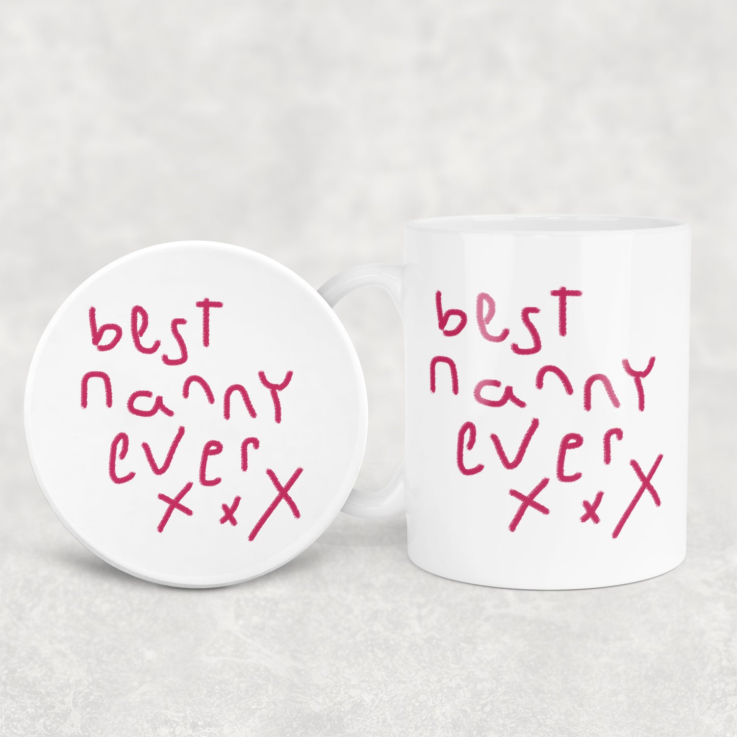 White mug and coaster set with 'best nanny ever xox' text on a light gray background | Little Heirloom