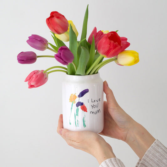 Hands Holding a Vase made with Children's Painting and Handwriting | Little Heirloom