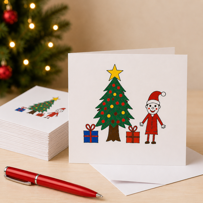 A white Christmas greeting card standing on a tabletop, printed with a hand-drawn Christmas tree, star, presents, and a child in a red coat and Santa hat | Little Heirloom