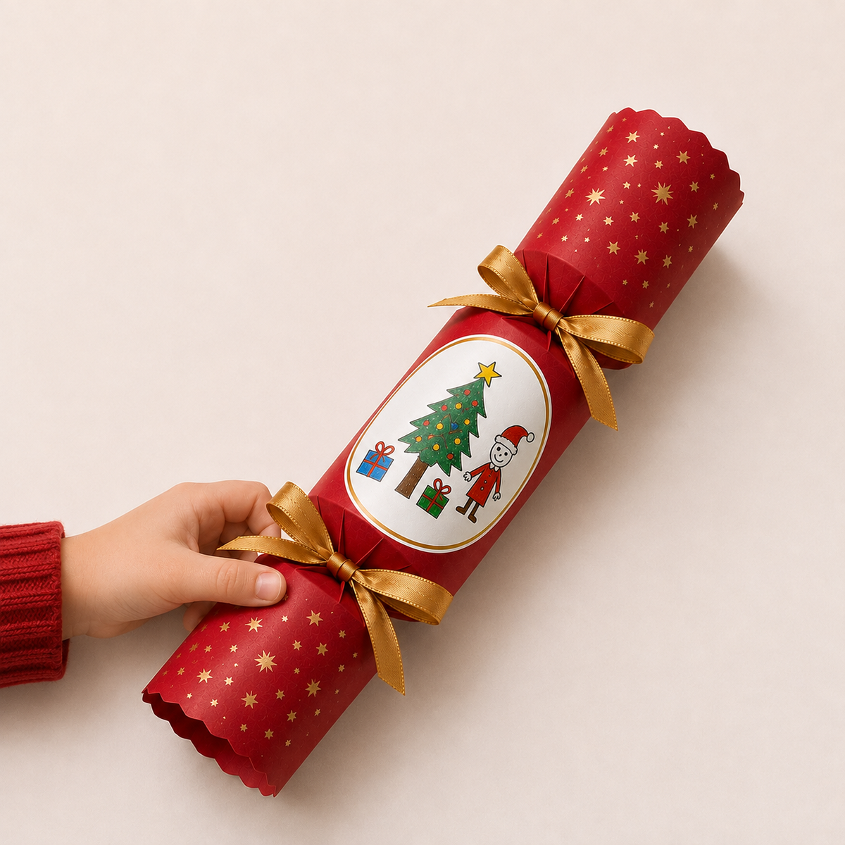 Child's hand holding a personalised Christmas crackers with child’s artwork  | Little Heirloom 