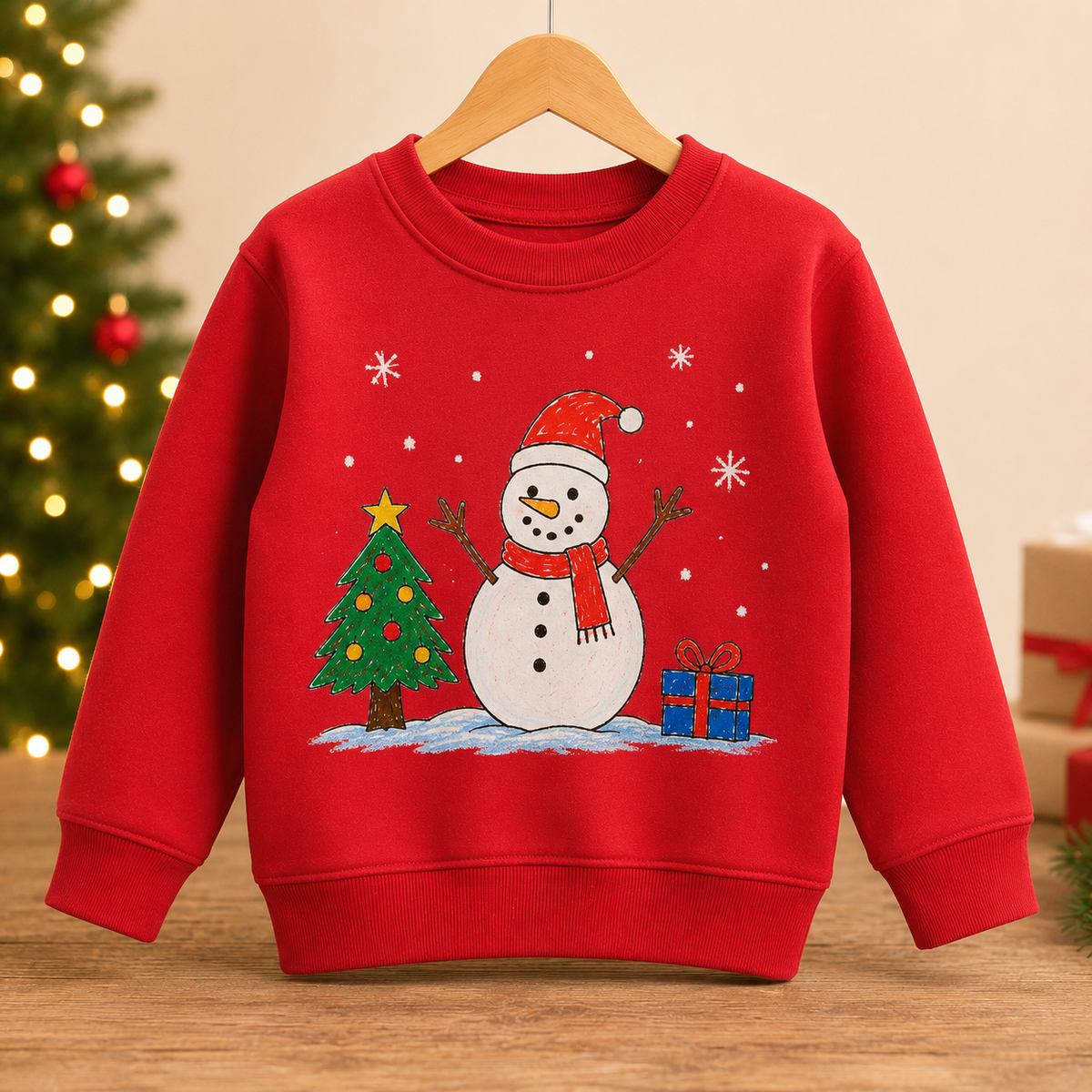 A red kids' crewneck sweatshirt hanging on a wooden hanger, featuring a festive Christmas snowman graphic with a tree, gifts, and snowflakes. | Little Heirloom