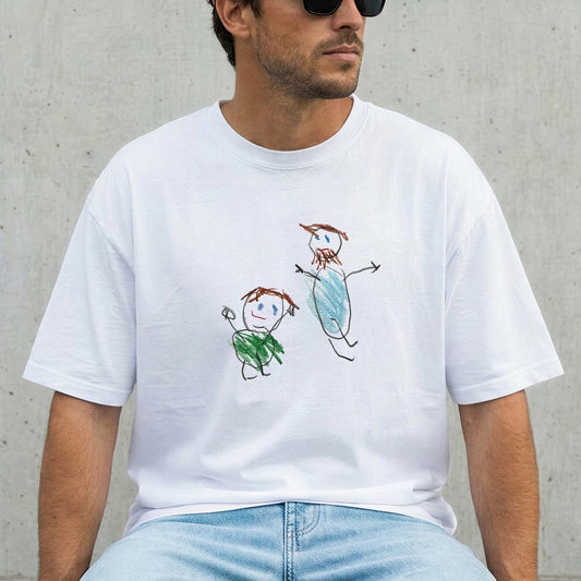 Dad wearing a white t-shirt with a child'a drawing | Gift for Dads | Little Heirloom