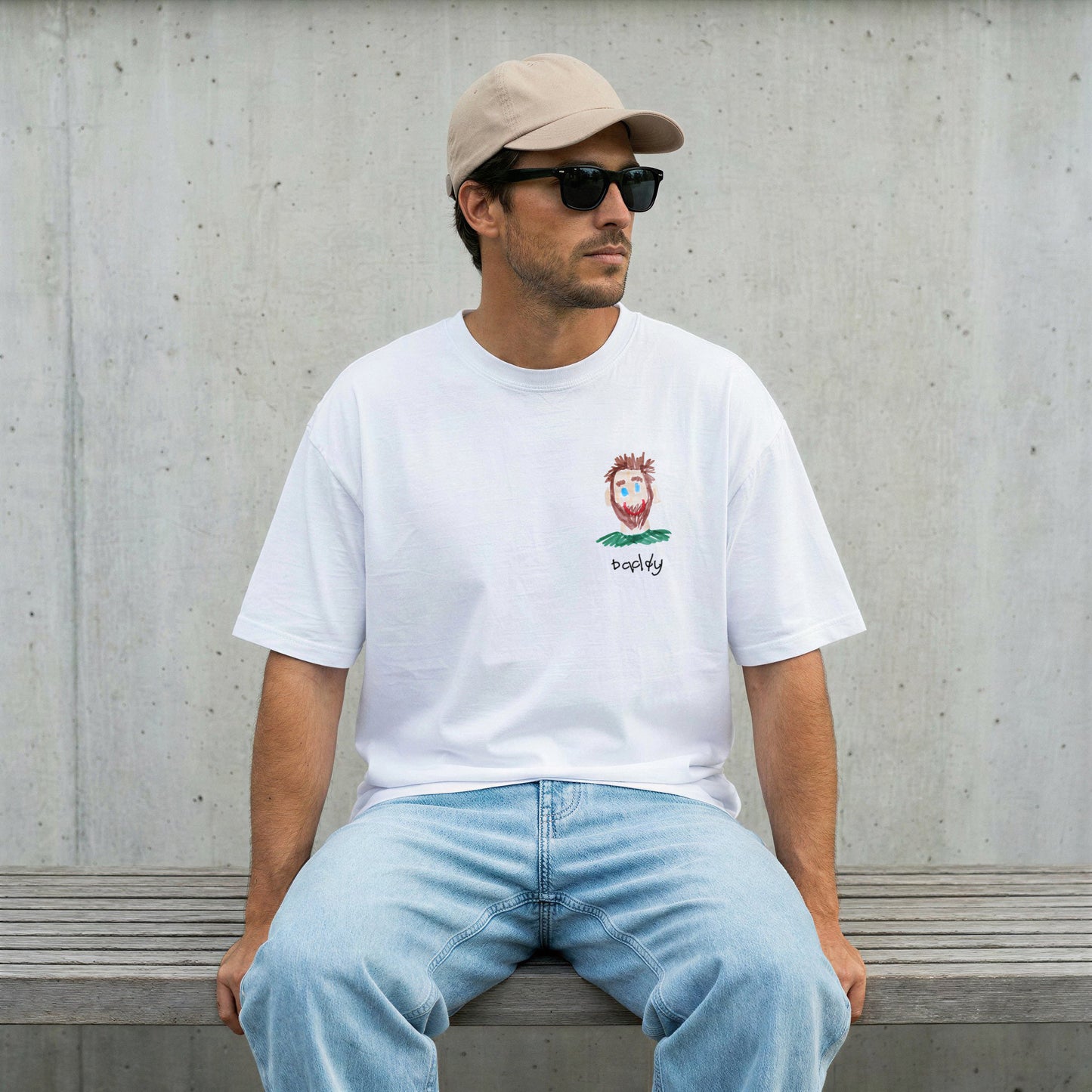 Dad wearing a white t-shirt with a child'a drawing | Gift for Dads | Little Heirloom