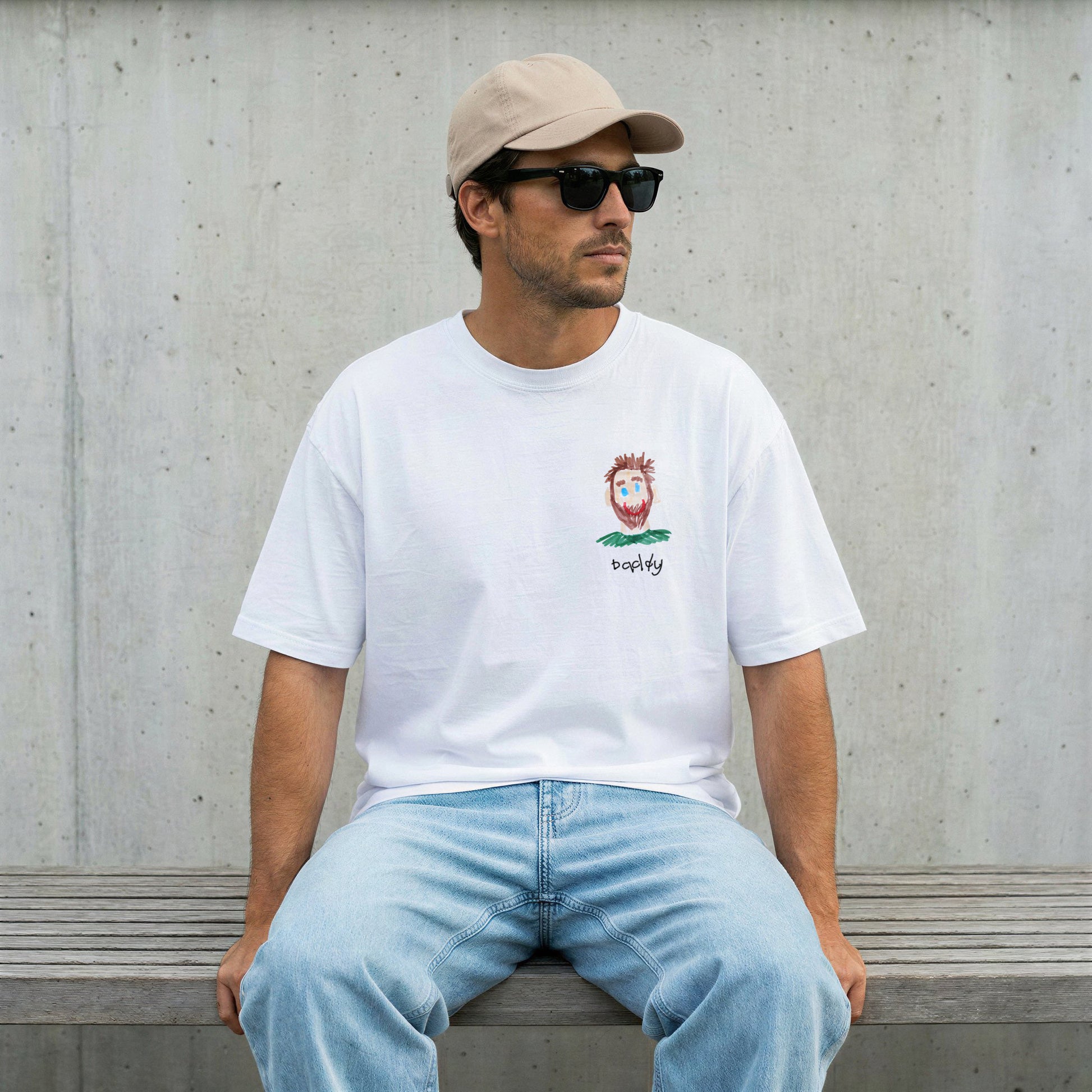 Dad wearing a white t-shirt with a child'a drawing | Gift for Dads | Little Heirloom