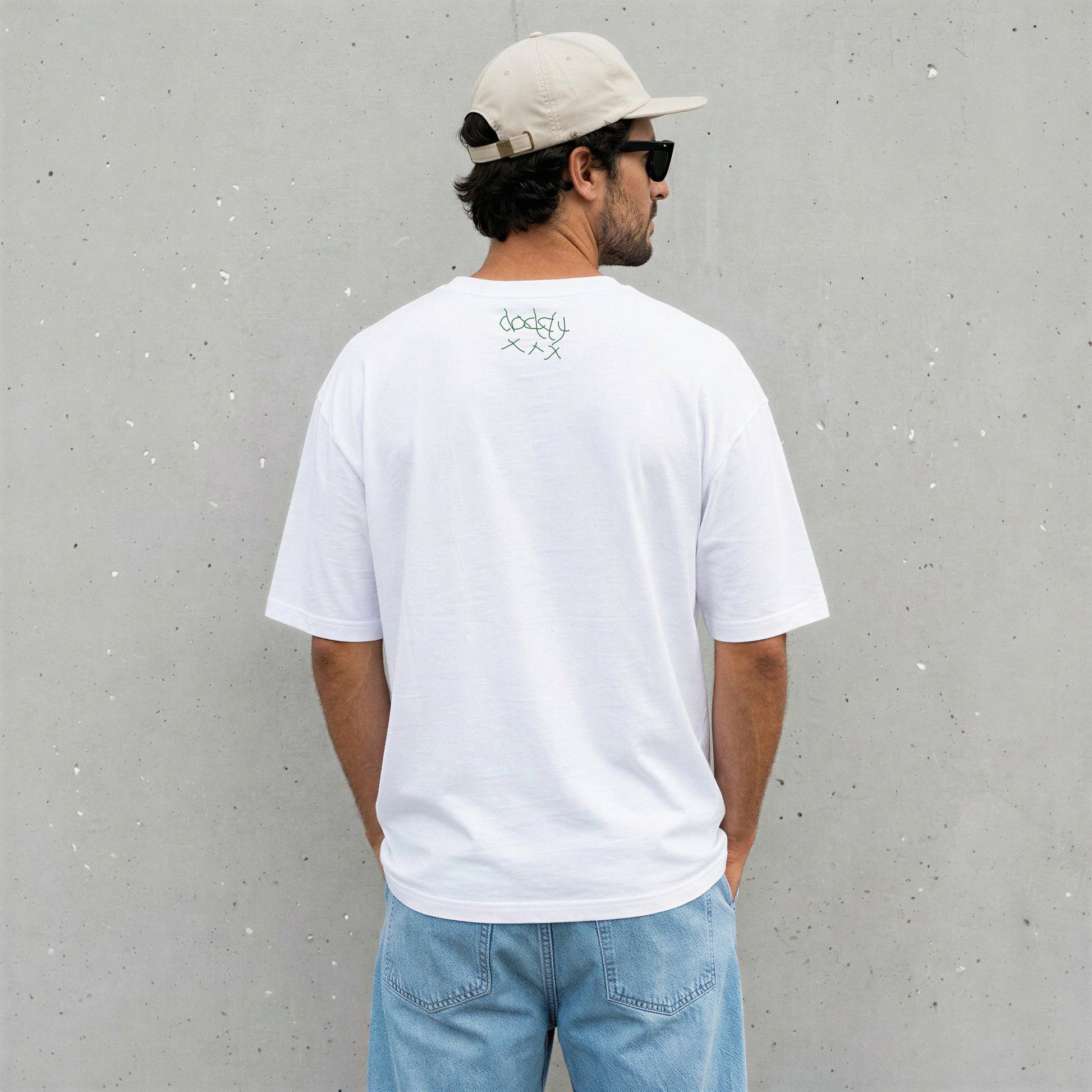 Dad wearing a white t-shirt with a child'a writing | Gift for Dads | Little Heirloom