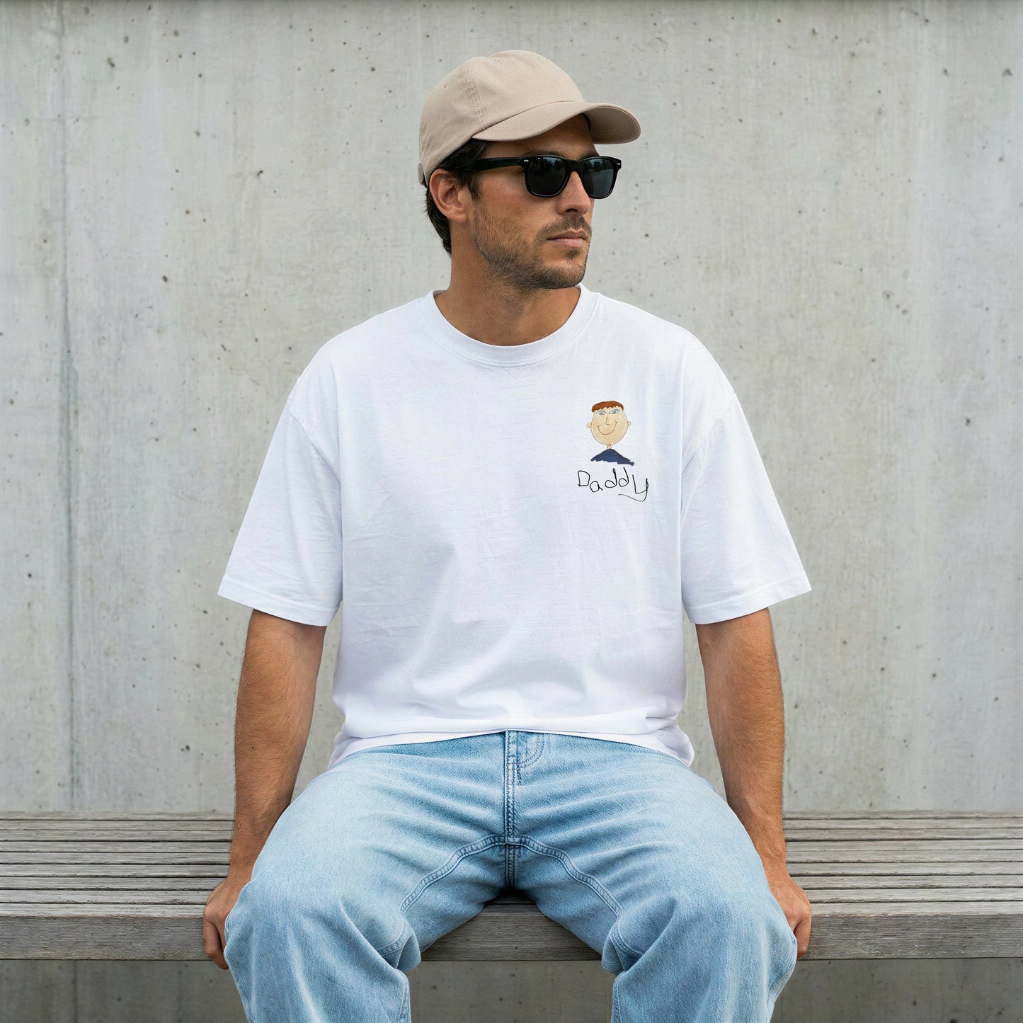 Dad wearing a white t-shirt with a child'a drawing | Gift for Dads | Little Heirloom