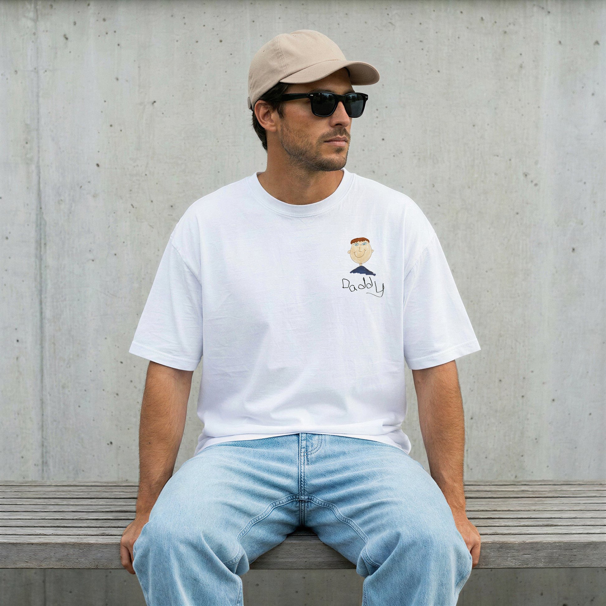 Dad wearing a white t-shirt with a child'a drawing | Gift for Dads | Little Heirloom