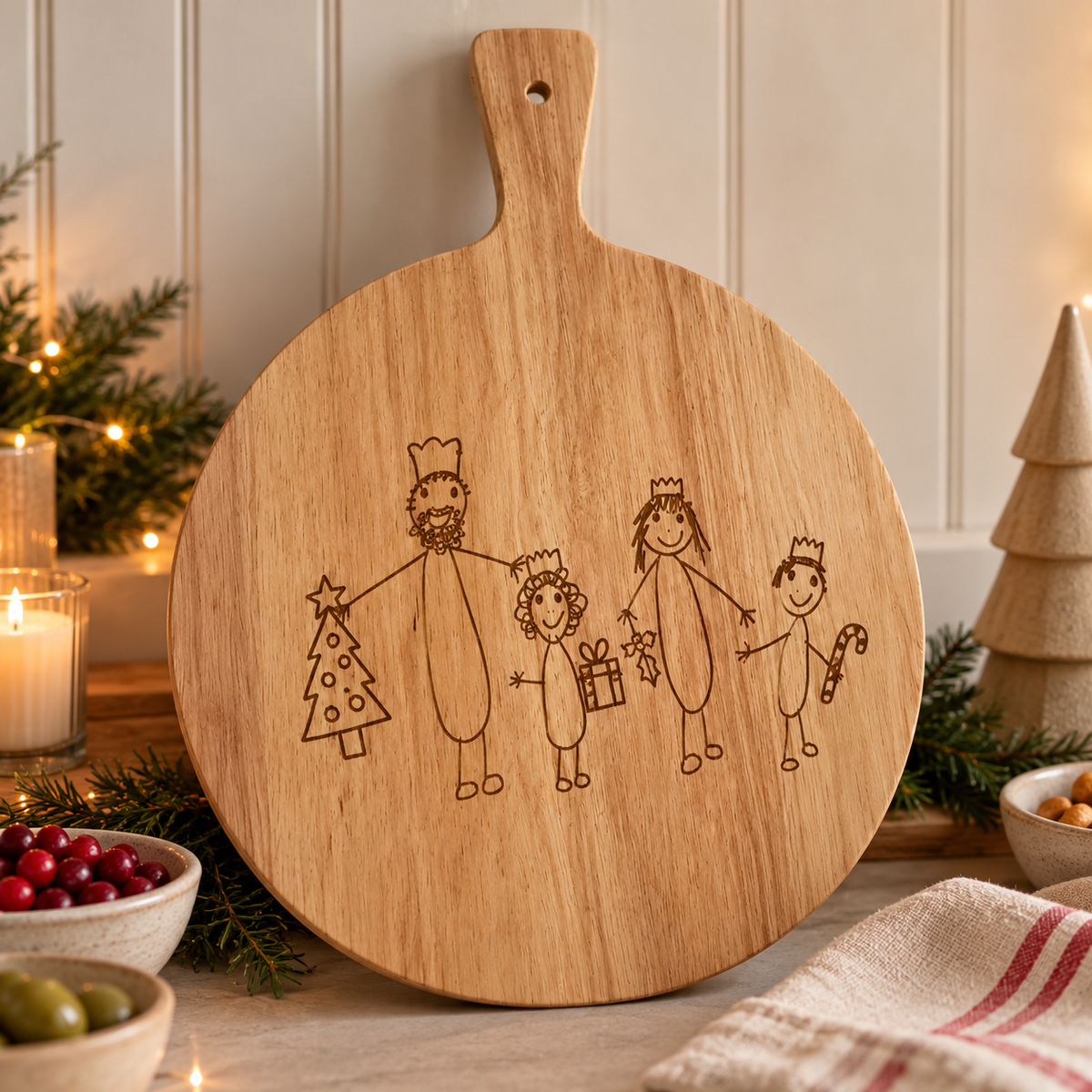 Christmas Sharing Board Engraved with Children’s Artwork | Wooden Cheese & Charcuterie Board