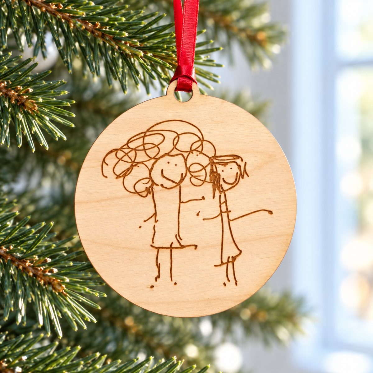 Round Wooden Christmas Tree Decoration Made From Your Children's Artwork