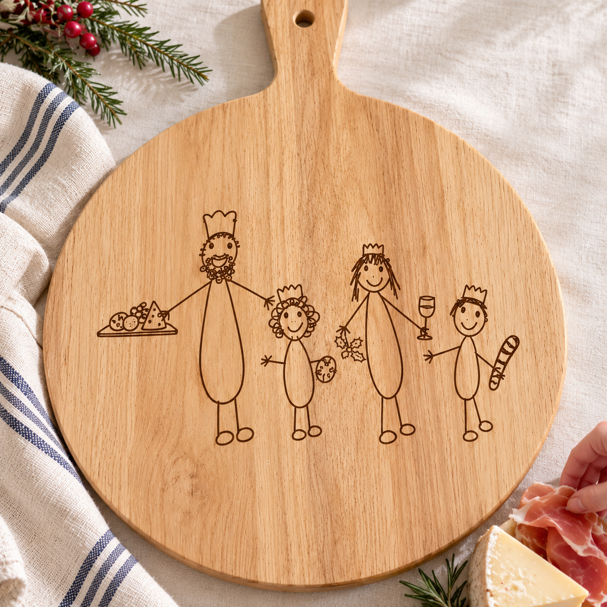 Christmas Sharing Board Engraved with Children’s Artwork | Wooden Cheese & Charcuterie Board