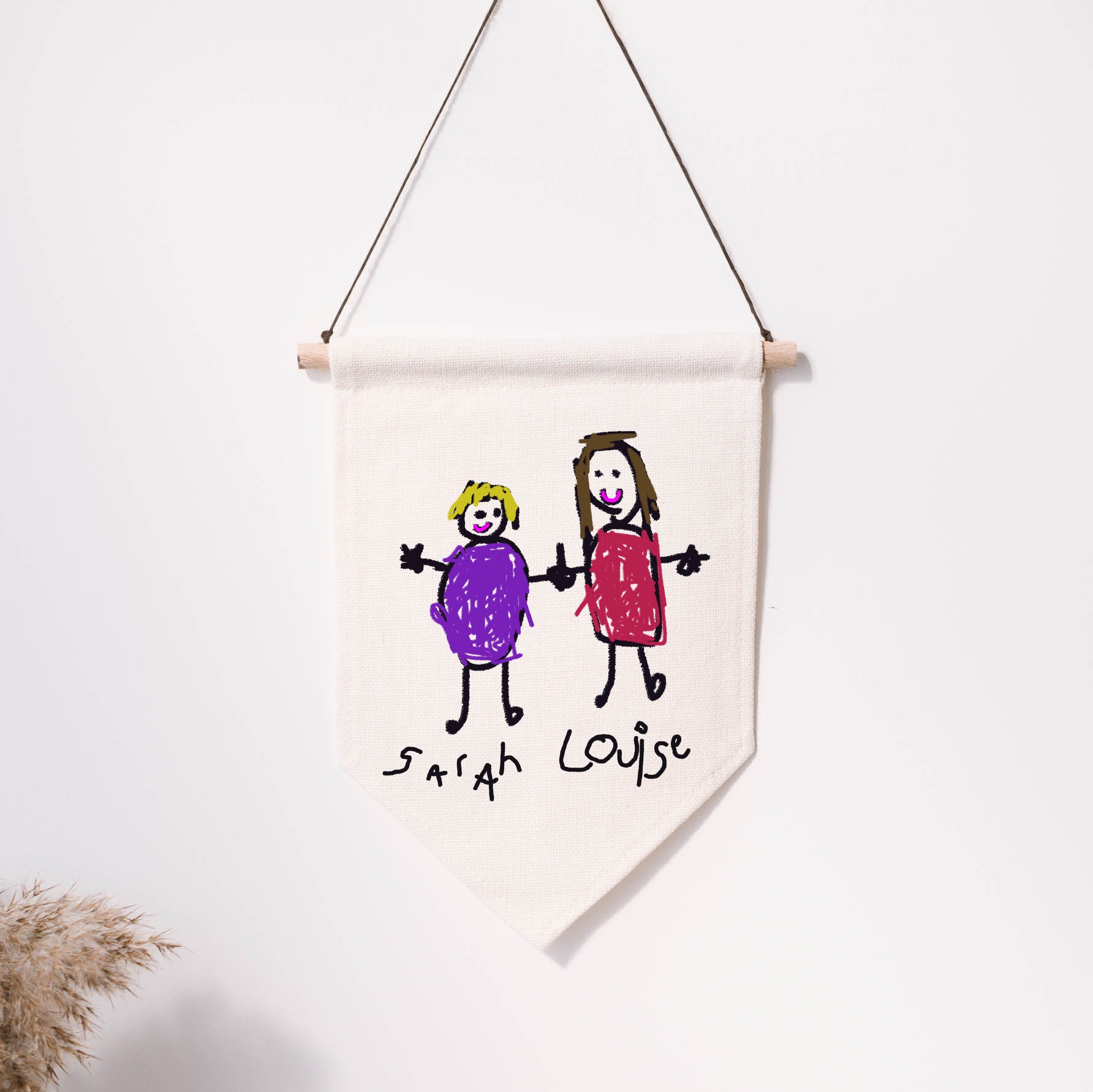 Hand-drawn illustration of two people on a hanging banner with 'Sarah Louise' written below, against a white background. | Little Heirloom