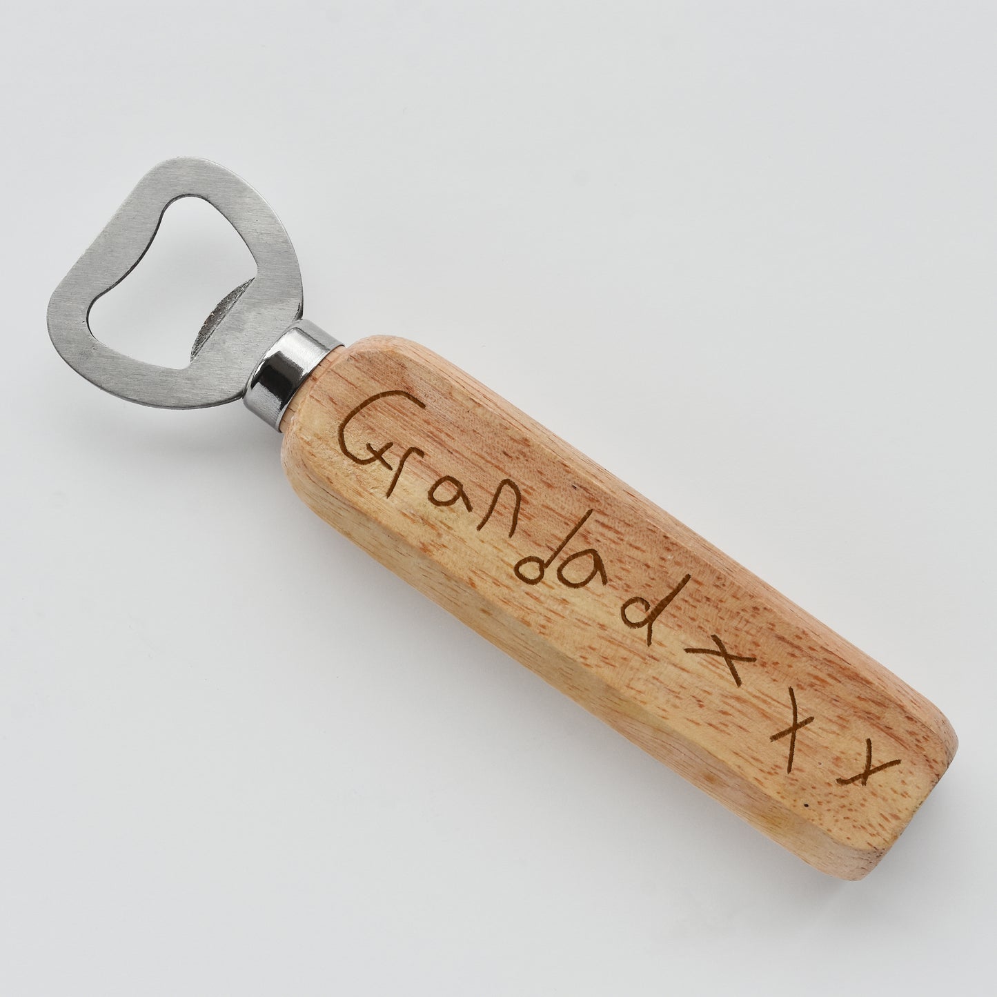 Wooden bottle opener with child's writing of 'Grandad XXX' engraved on the handle | Little Heirloom
