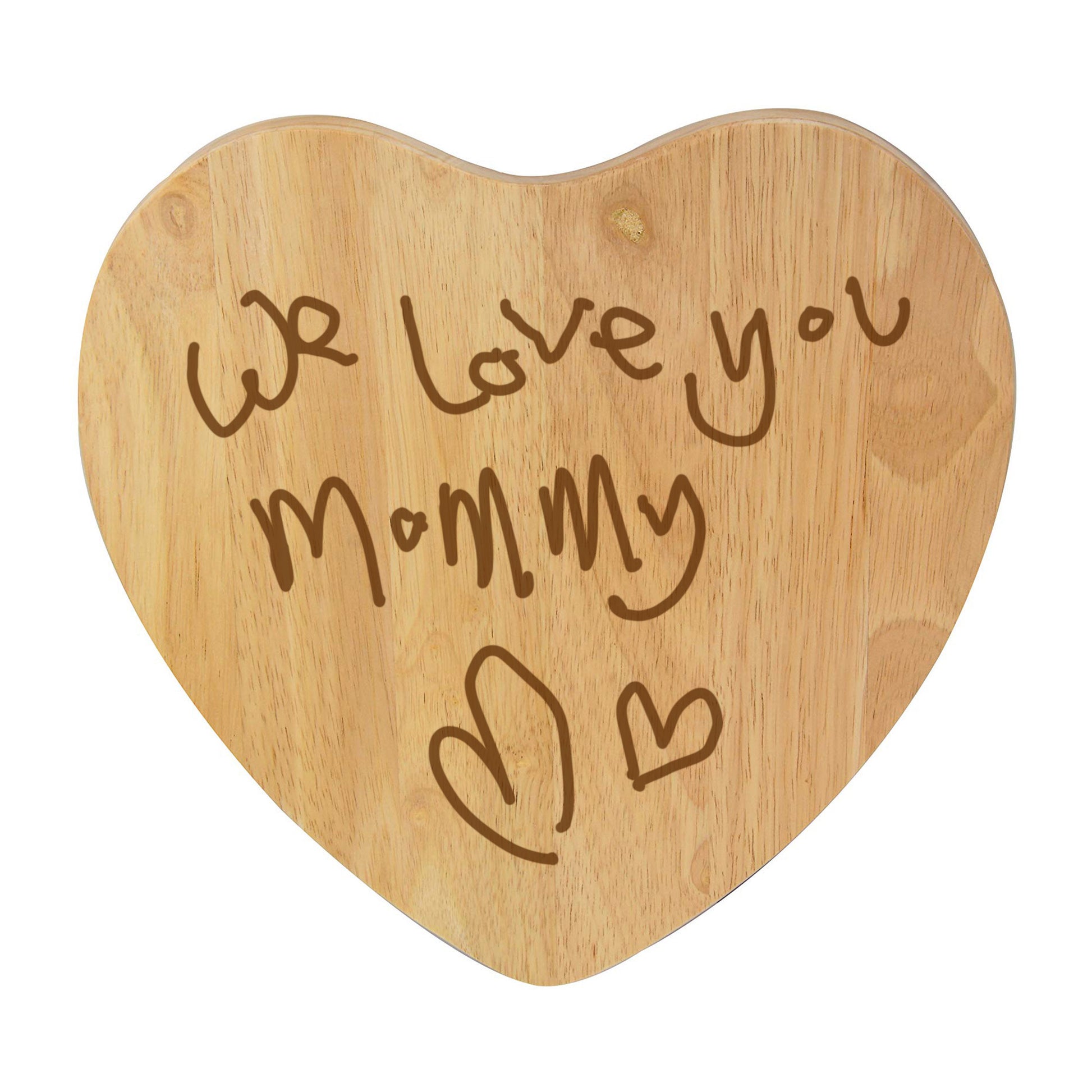 Heart Shaped Wood Chopping Board with Laser Engraved Writing 'We love you mommy' drawn by a child | Little Heirloom