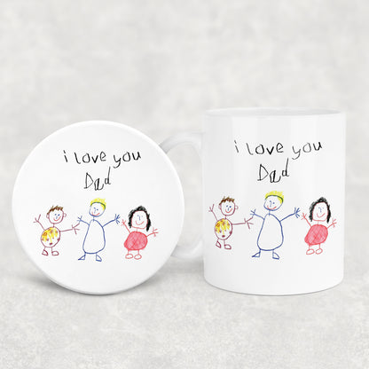 Two white ceramic items with drawings of a family and 'I love you Dad' text on a light gray background. | Little Heirloom