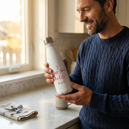 Dad holding a Water bottle with Child's Drawing of Daddy drawn on it | Gifts for Dads | Little Heirloom