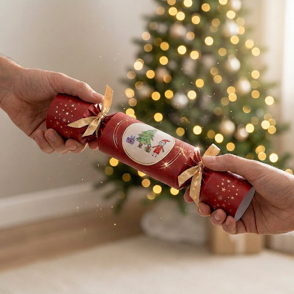 Pulling a personalised Christmas crackers with child’s artwork  | Little Heirloom 