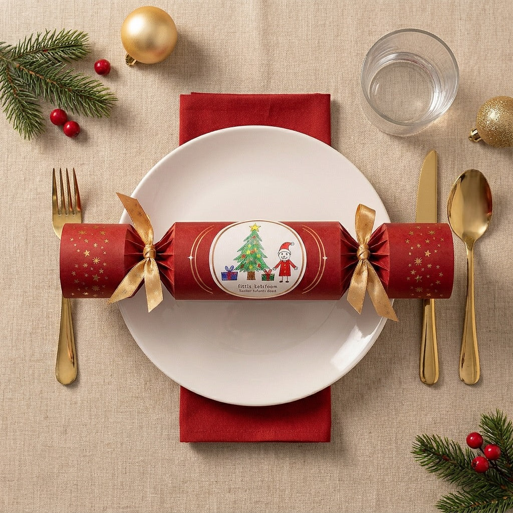 Personalised Christmas crackers with child’s artwork on a Christmas Table | Little Heirloom 