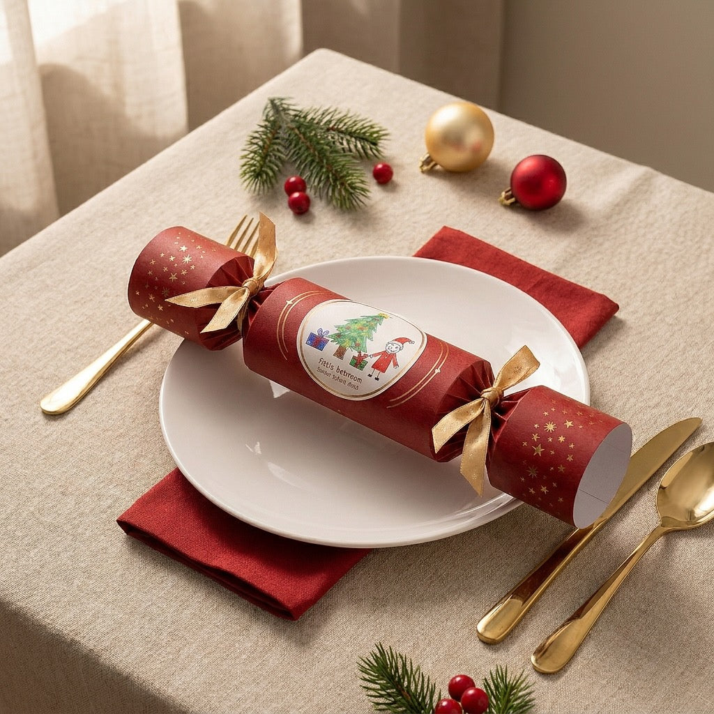 Personalised Christmas crackers with child’s artwork on a Christmas Table | Little Heirloom 