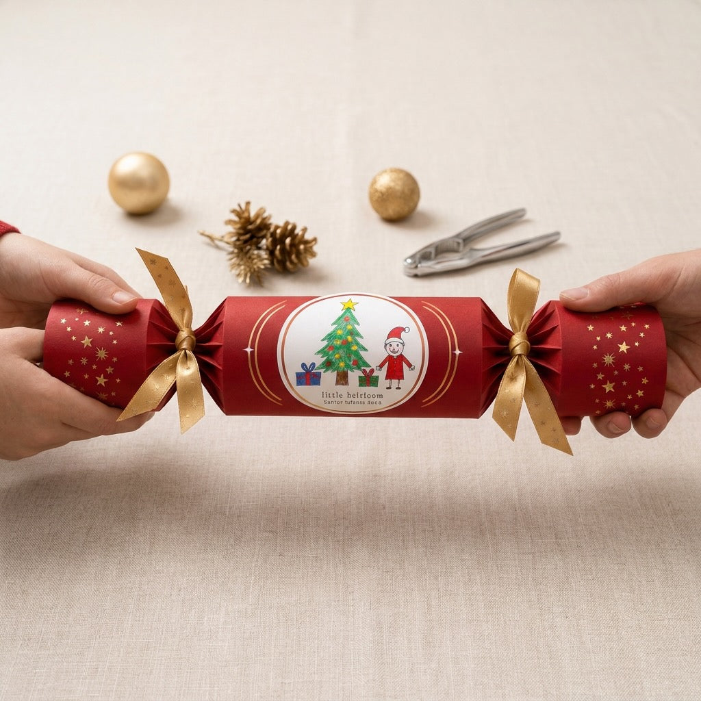 Pulling a personalised Christmas crackers with child’s artwork at a Christmas Table | Little Heirloom 
