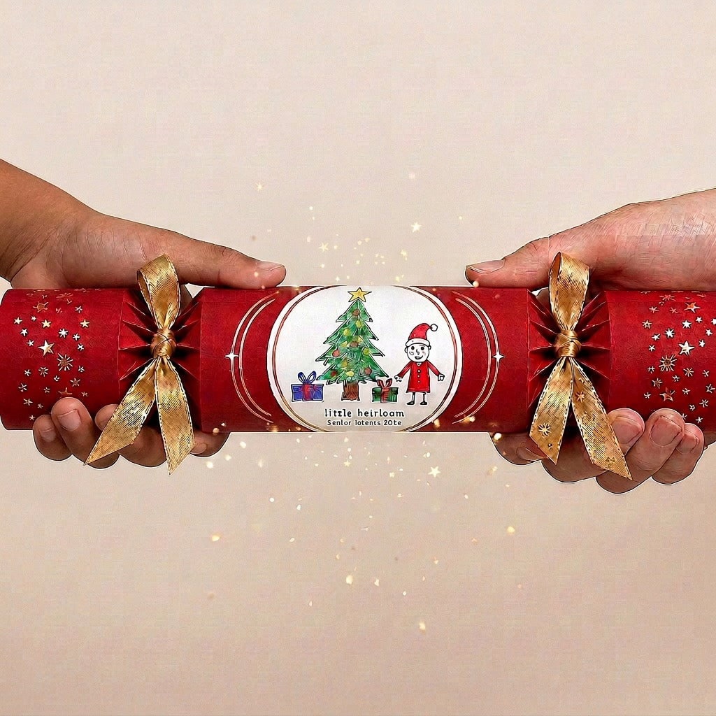 Pulling a personalised Christmas crackers with child’s artwork  | Little Heirloom 