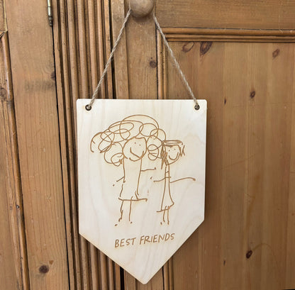 Child's drawing laser engraved onto wooden pennant flag wall hanging | Little Heirloom