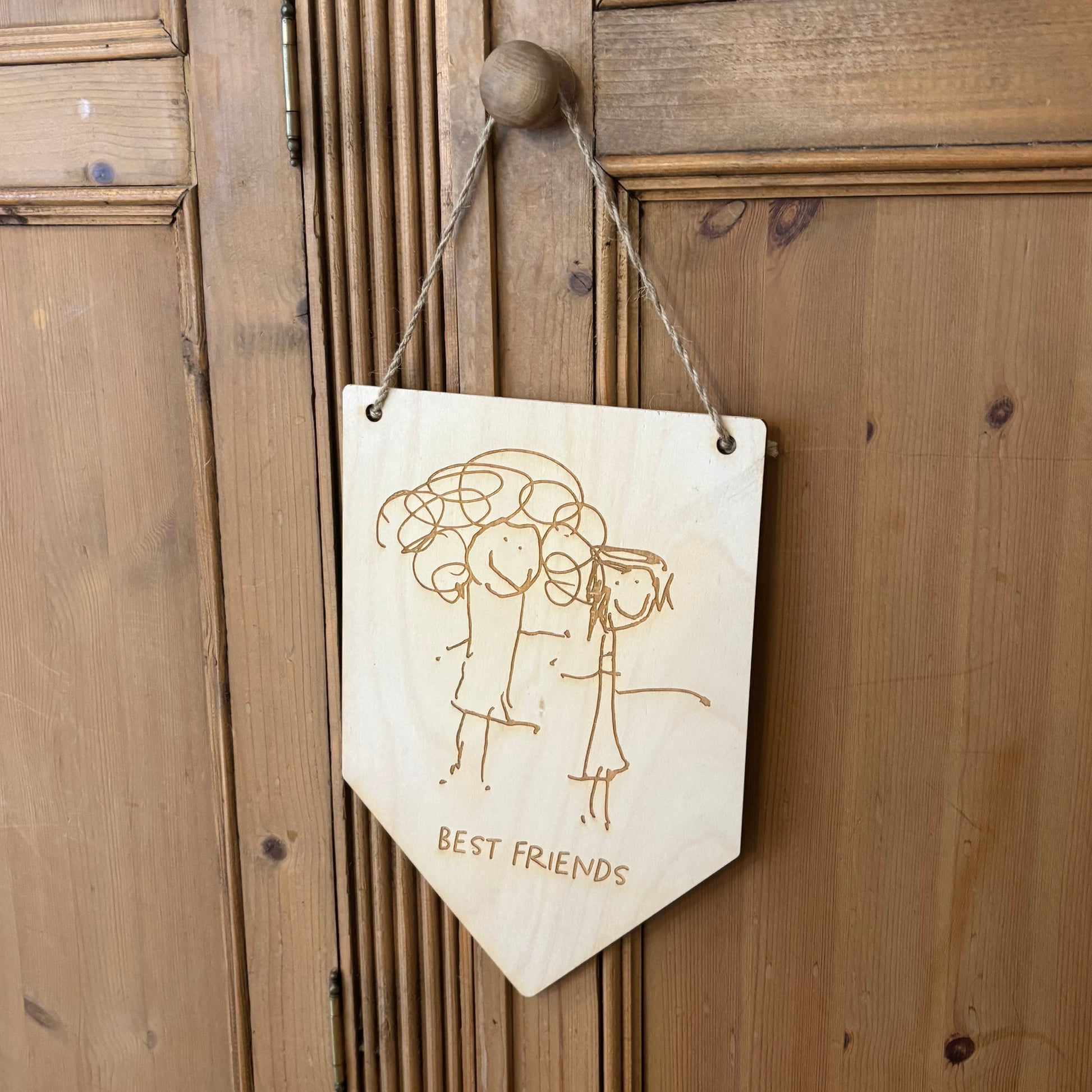 Child's drawing laser engraved onto wooden pennant flag wall hanging | Little Heirloom