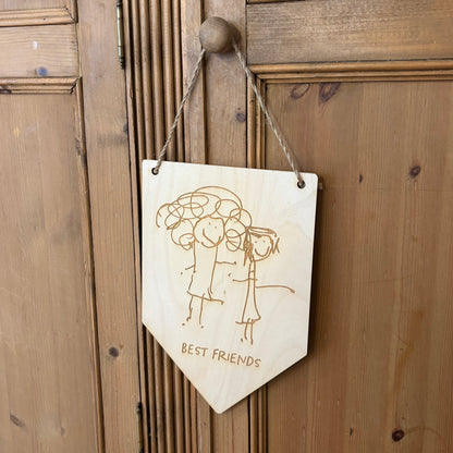 Child's drawing laser engraved onto wooden pennant flag wall hanging | Little Heirloom