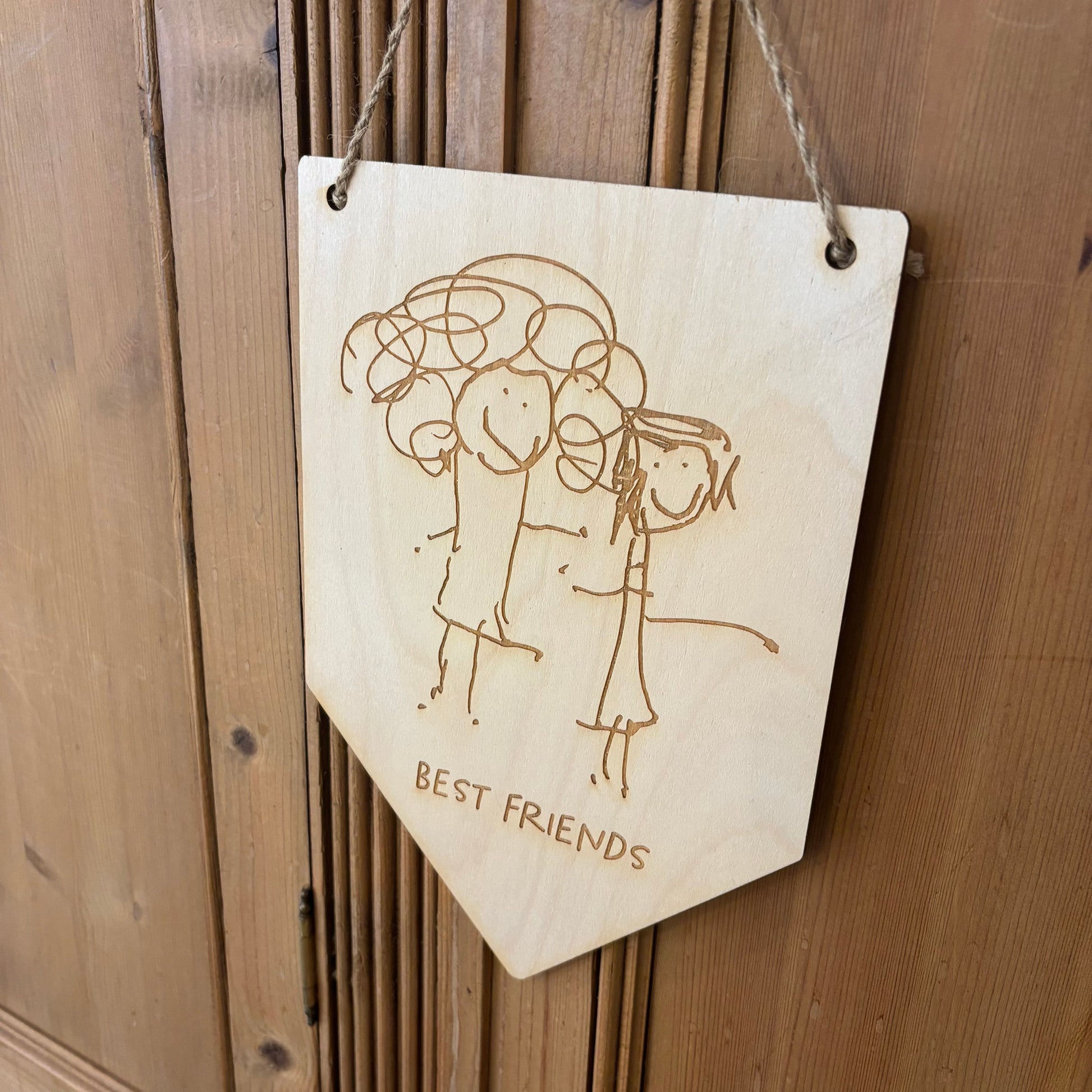 Child's drawing laser engraved onto wooden pennant flag wall hanging | Little Heirloom