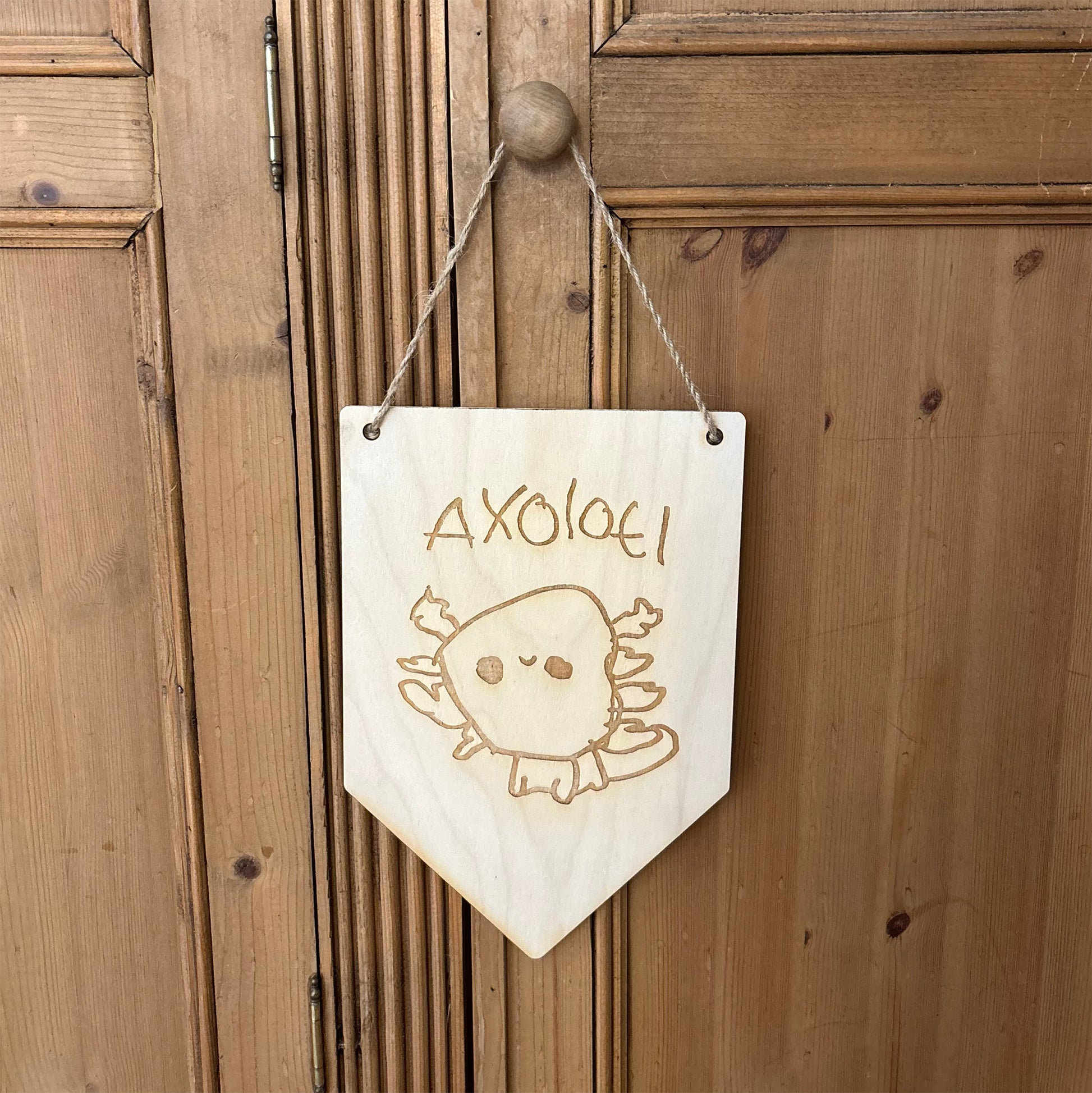Child's drawing laser engraved onto wooden pennant flag wall hanging | Little Heirloom