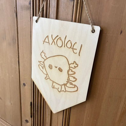 Child's drawing laser engraved onto wooden pennant flag wall hanging | Little Heirloom