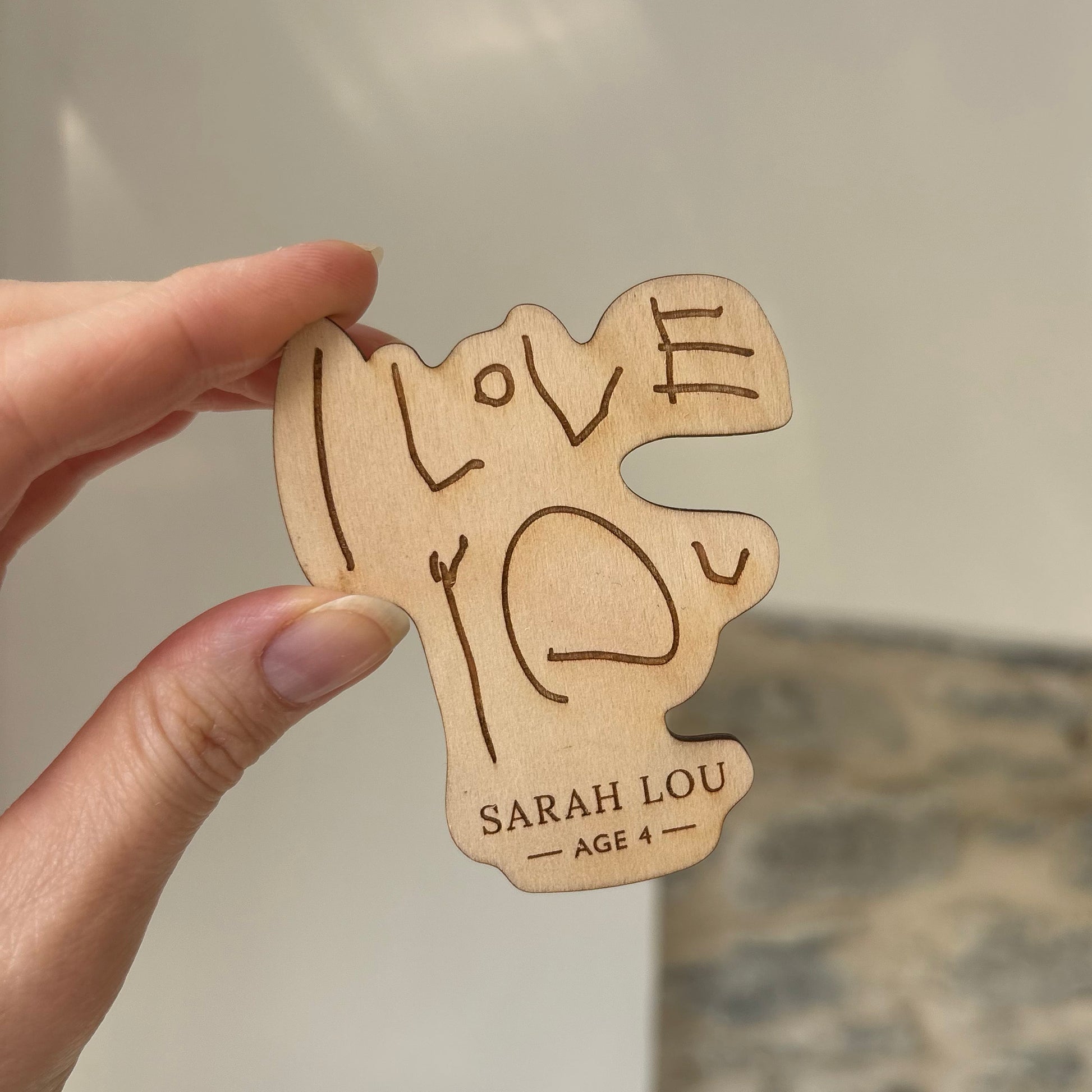 I Love you written by a child and laser engraved into a fridge magnet | Little Heirloom