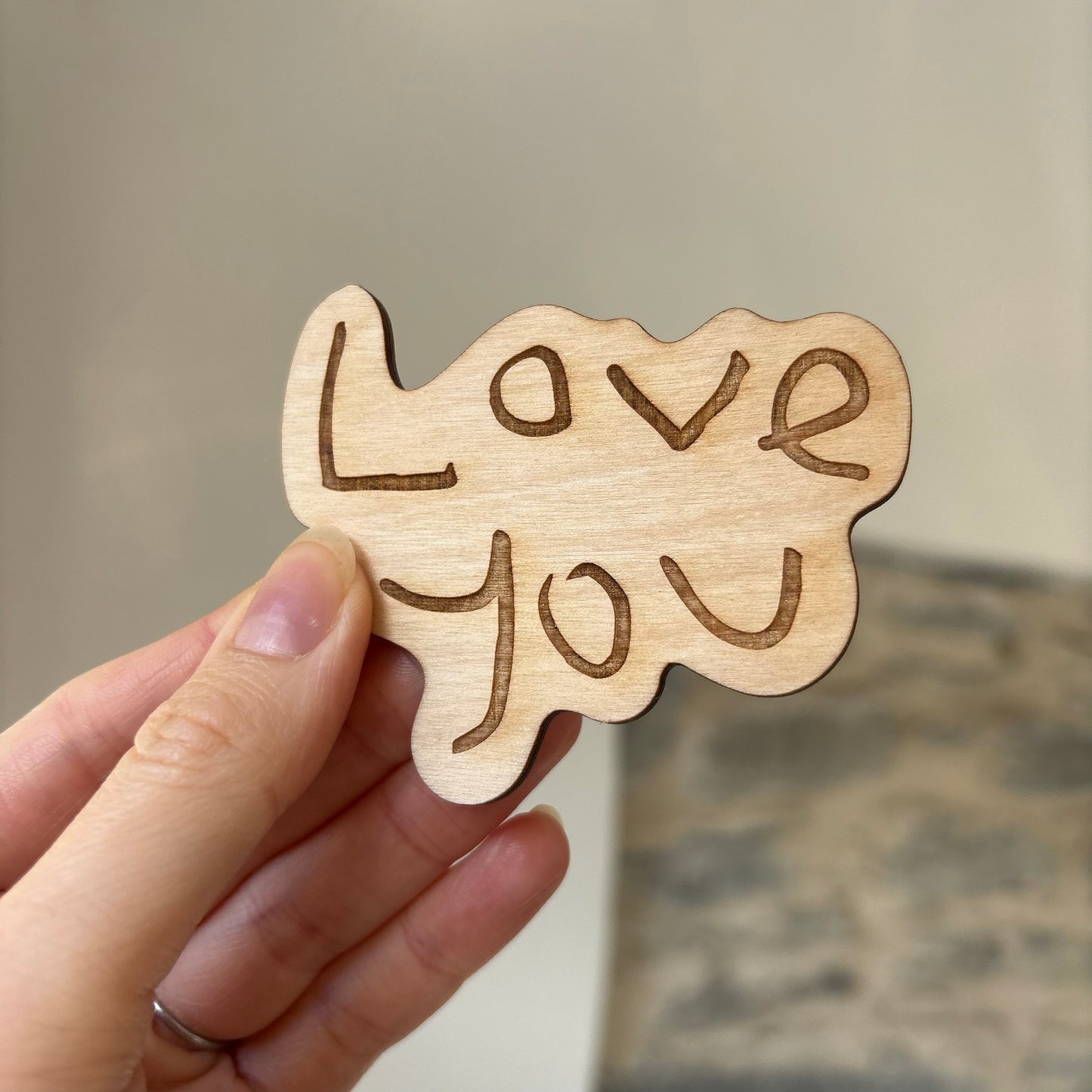 Love you written by a child and laser engraved into a fridge magnet | Little Heirloom