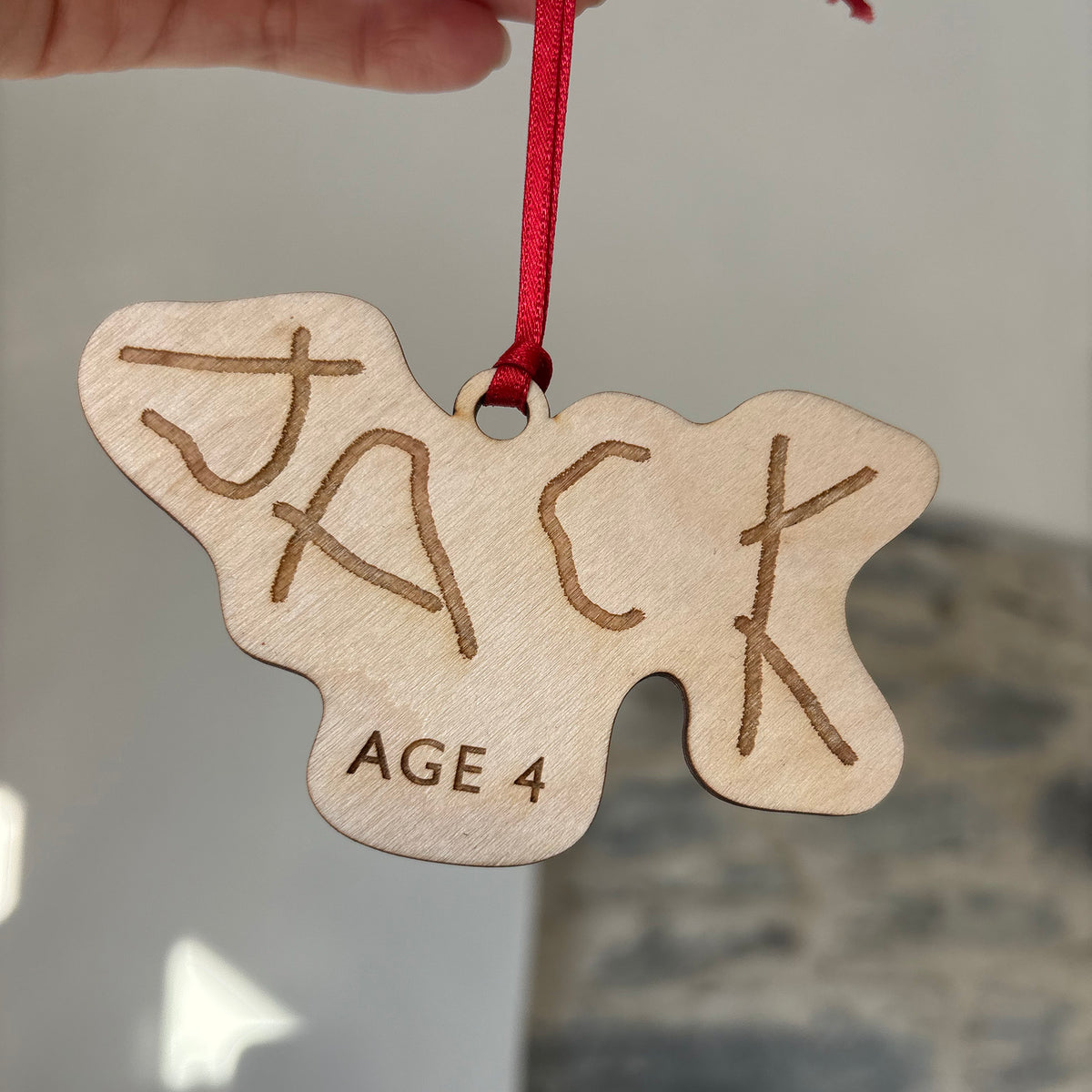 Child's Name Handwritten and engraved onto a wooden Christmas tree decoration | Little Heirloom