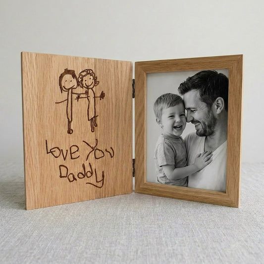 Solid Oak Book PhotoFrame for Dads, Engraved from Children’s Artwork