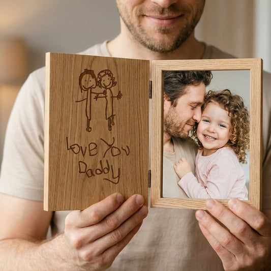Solid Oak Book PhotoFrame for Dads, Engraved from Children’s Artwork