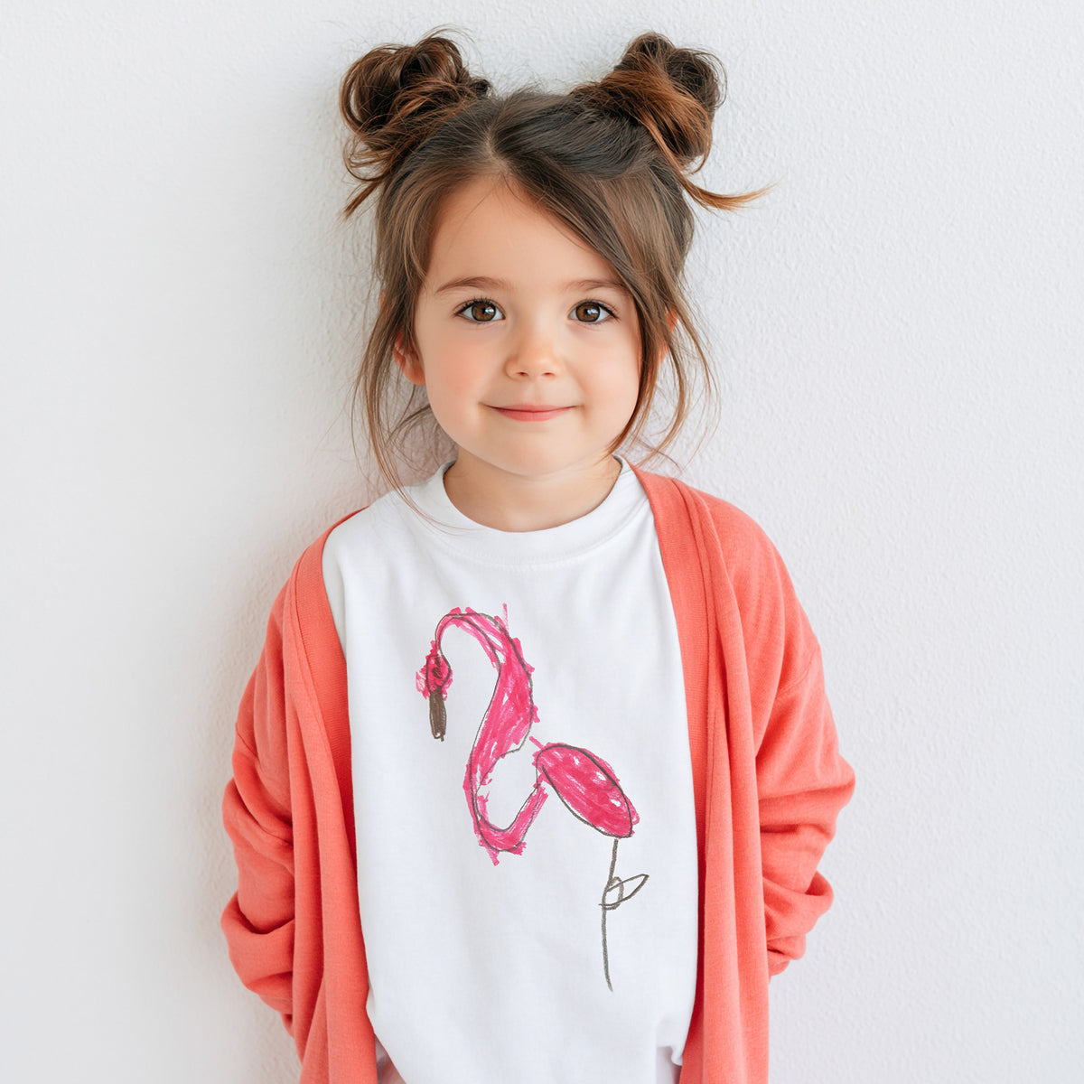 Childs drawing of a flamingo on a t-shirt | Little Heirloom 