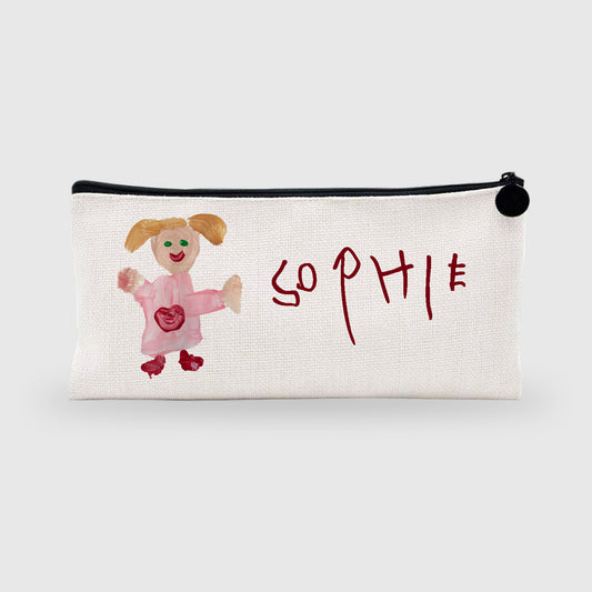 Pencil Case with a childs drawing portrait and the handwriting name 'Sophie' on a white background | Little Heirloom