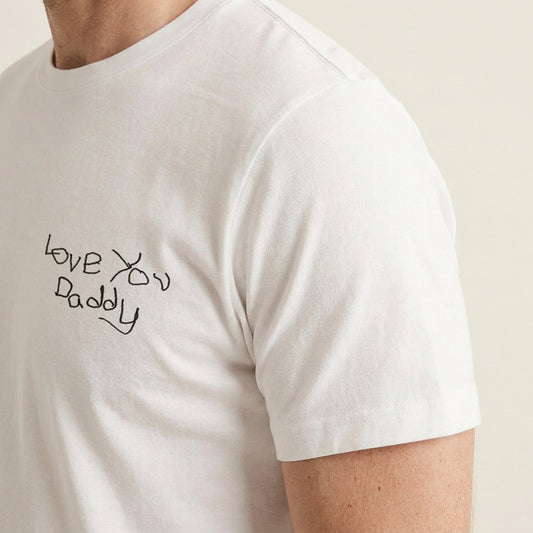 Dad wearing a white t-shirt with a child'a writing | Gift for Dads | Little Heirloom