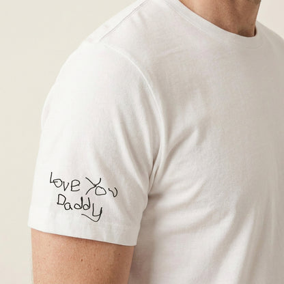 Dad wearing a white t-shirt with a child'a writing on Sleeve | Gift for Dads | Little Heirloom