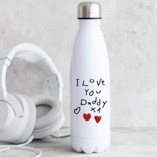White water bottle with 'I Love You Daddy' text and hearts, next to white headphones on a light gray background | Little Heirloom