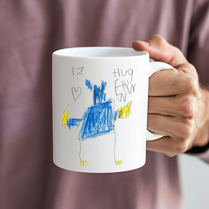 Hand holding a white mug with childs drawing and handwriting | Gifts for dads | Little Heirloom